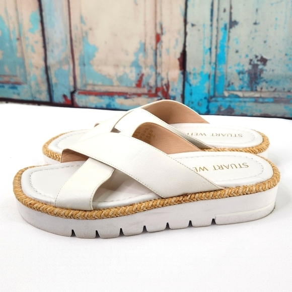 STUART WEITZMAN White 1/2" Platform Roza Wedge Slide Sandals - Picture 1 of 6